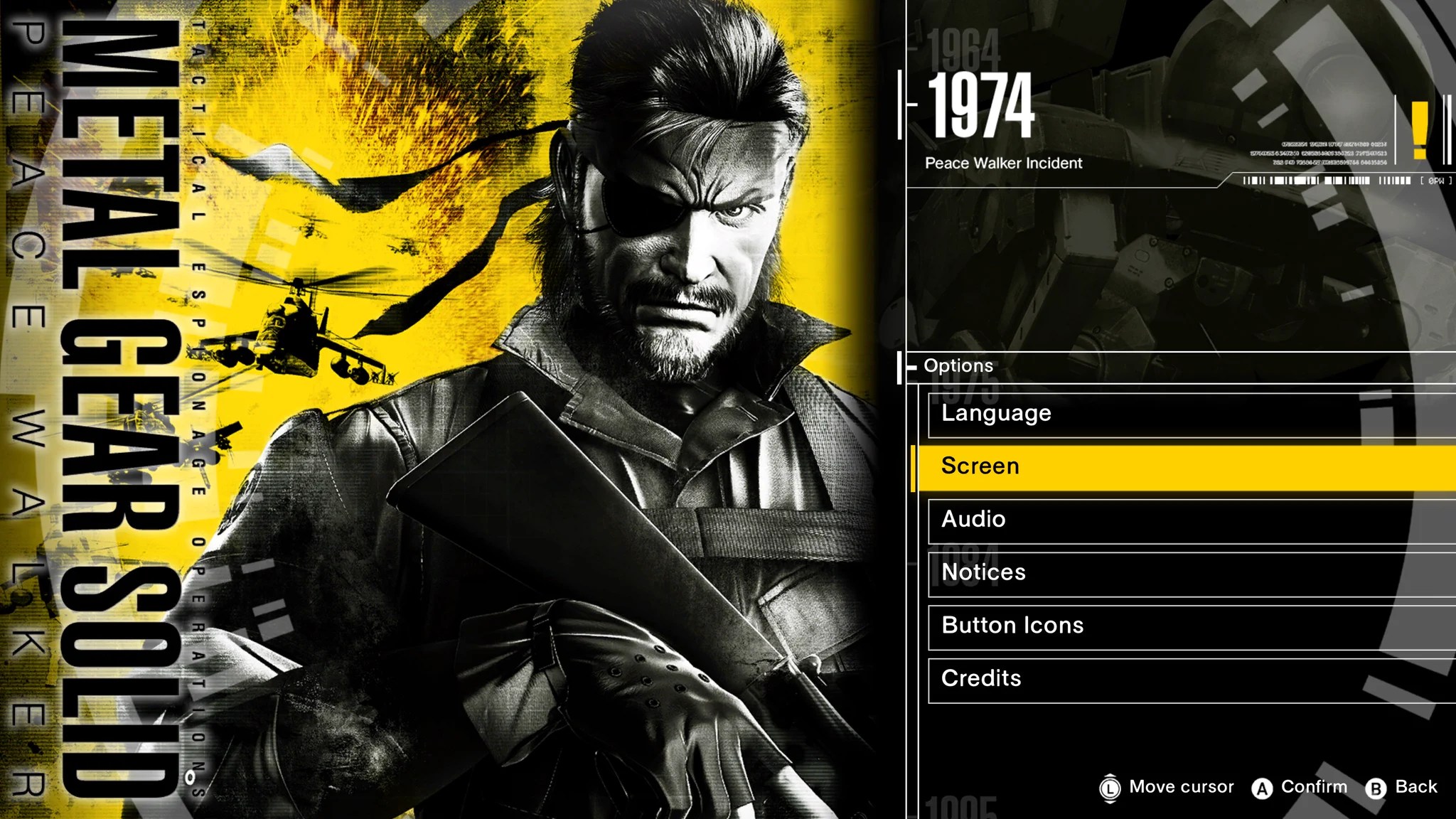 Peace Walker launcher with the Screen option highlighted
