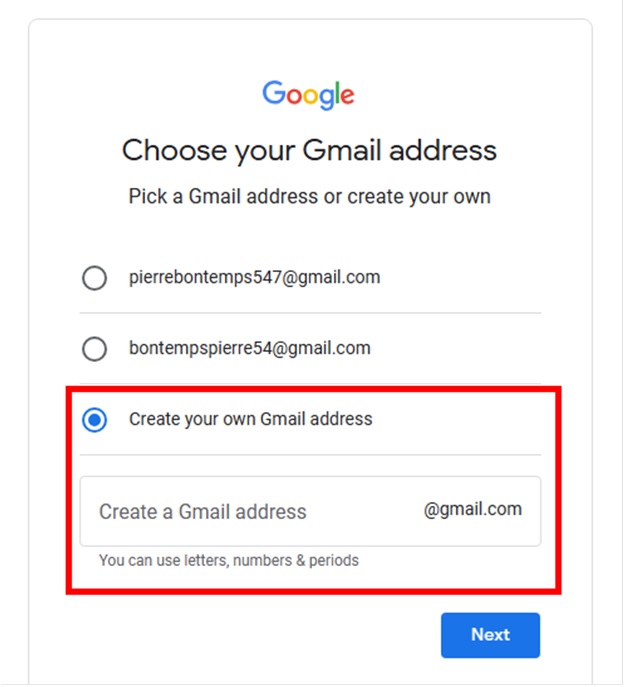 create gmail address username