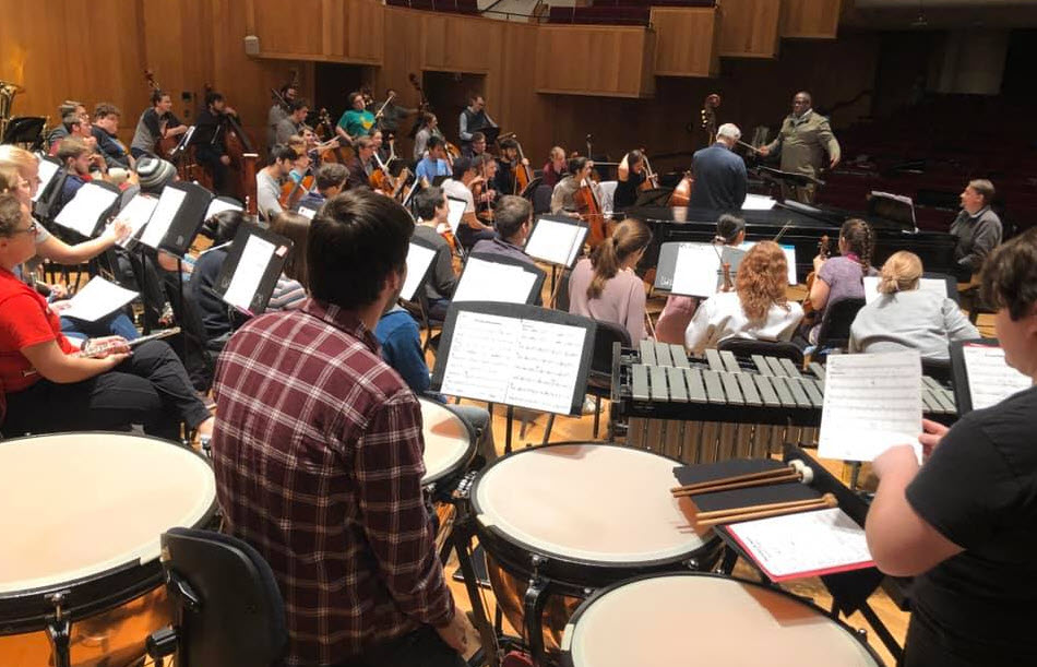 Orbert Davis and members of CJP rehearse with UofL jazz and classical students