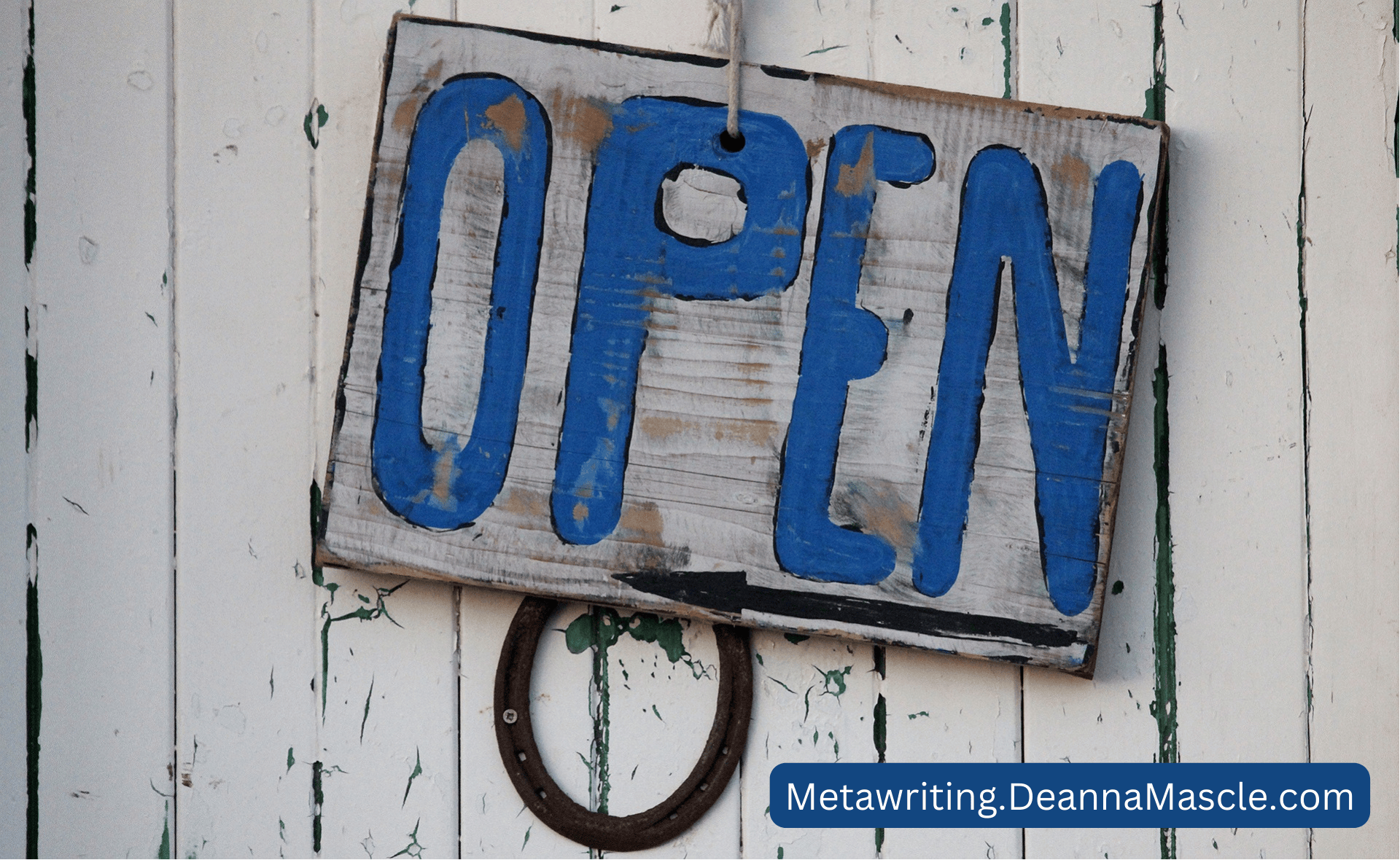Open sign in blue text on white boards