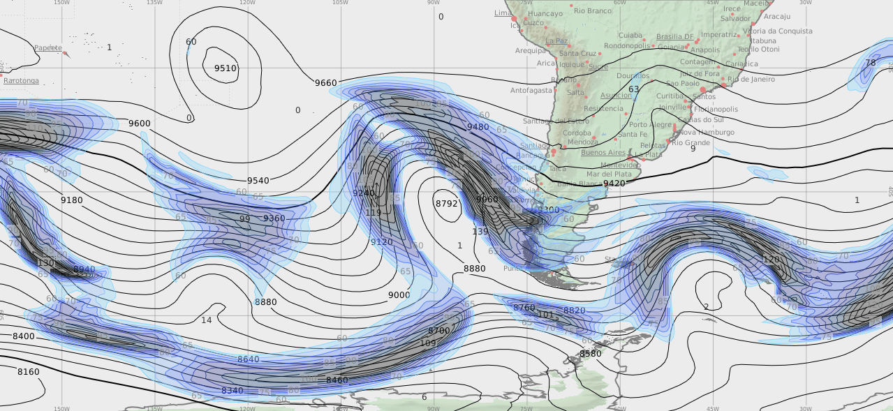 Altura de 500 hPa y corriente en chorro
