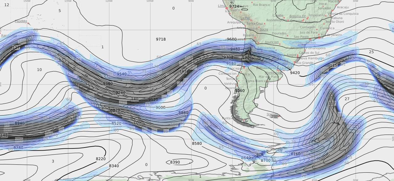 Altura de los 500 hPa y corriente en chorro