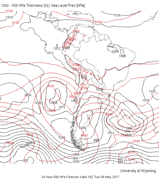 Pronóstico de presión y espesores para el martes 9