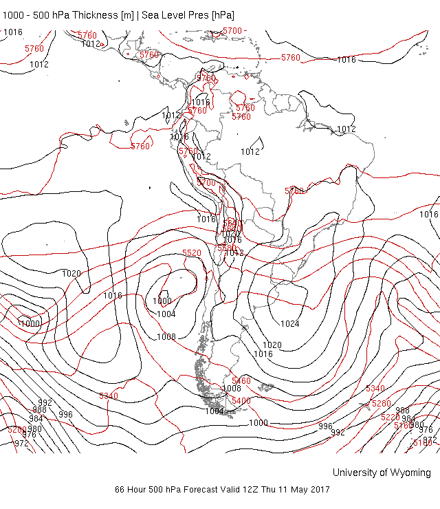 Pronóstico de presión y espesores para el jueves 11