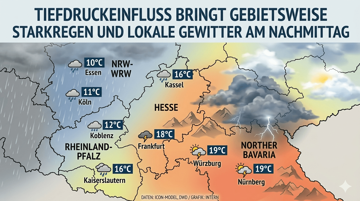 Feuchte und milde Luftmassen bestimmen am heutigen Mittwoch das Wettergeschehen in weiten Teilen der Westhälfte und Süddeutschlands. Während der Vormittag teils noch von länger anhaltenden Niederschlägen geprägt ist, steigt in der zweiten Tageshälfte das Risiko für konvektive Ereignisse. Insbesondere über den Mittelgebirgen sind dann kräftige Schauer und Gewitter zu erwarten. Erst in der zweiten Wochenhälfte sorgt steigender Luftdruck für eine allmähliche Wetterberuhigung.