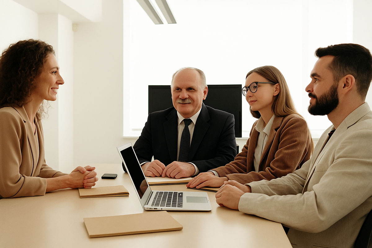 Four people sitting and talking at a conference table.