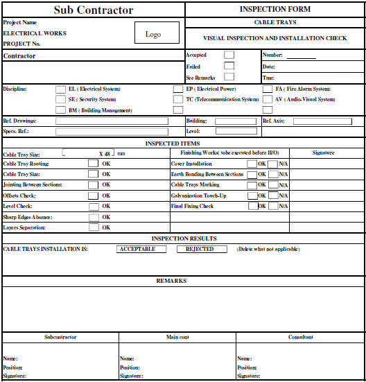 Cable Tray Inspection & Testing Format / Sample Form Method Statement HQ
