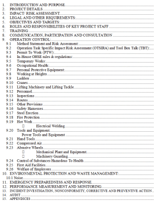 project hse safety plan template table of content