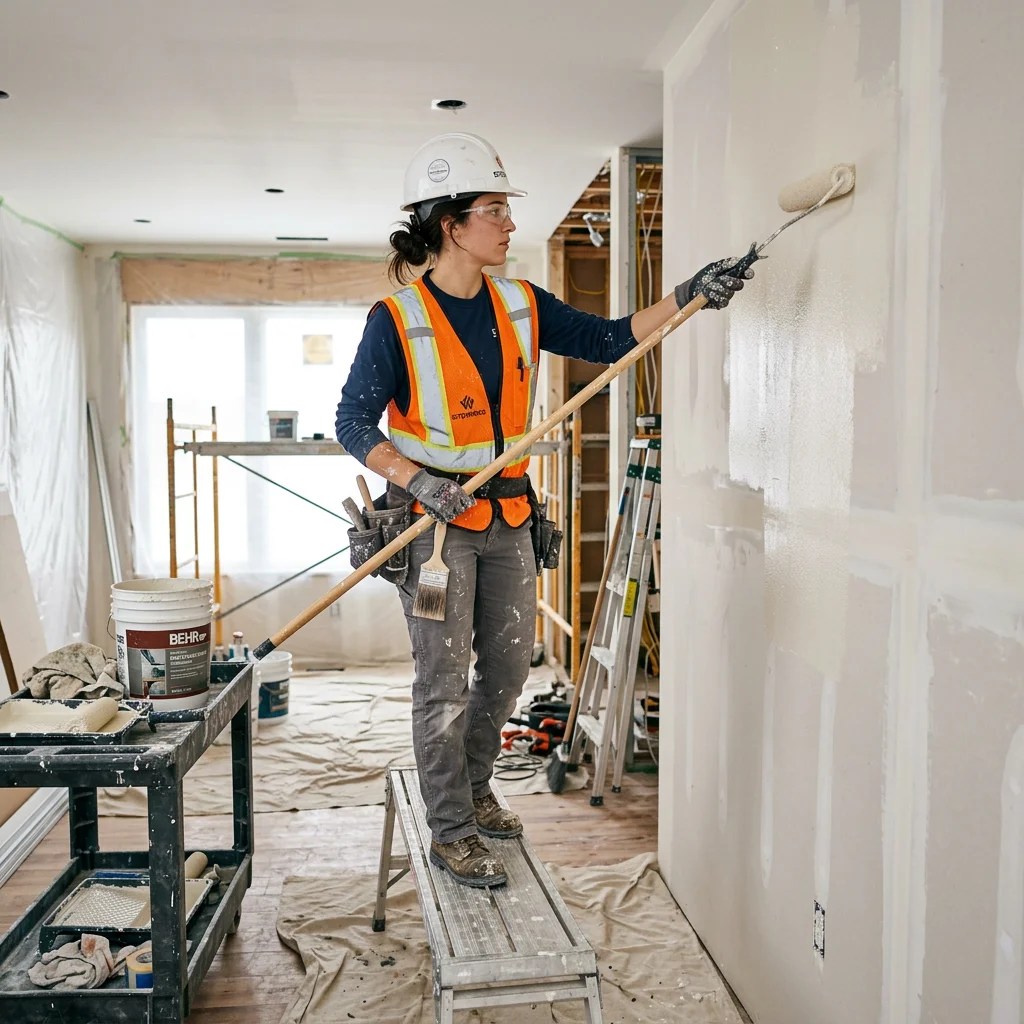 Construction worker in safety vest and helmet painting interior wall with roller