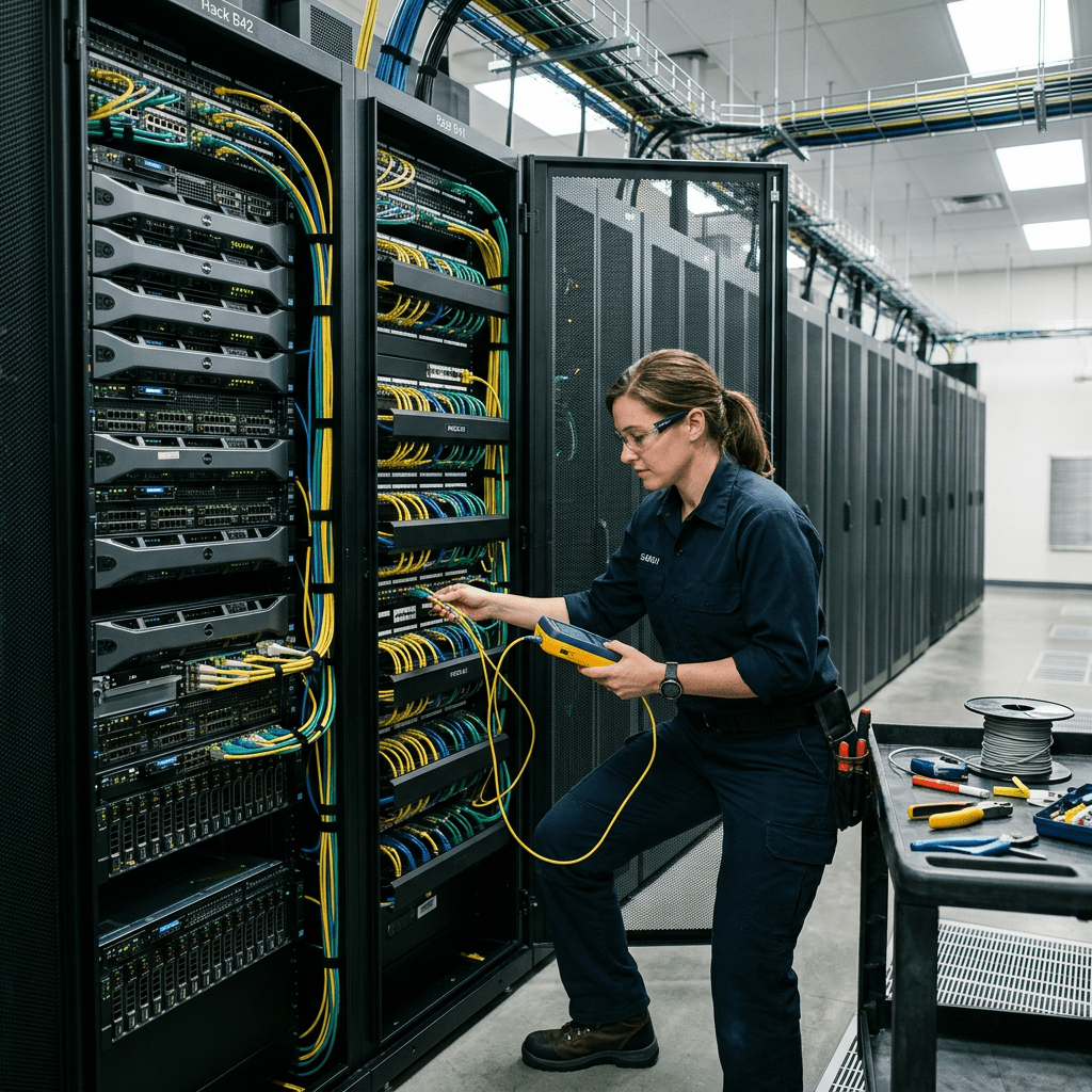 Technician using testing device on network cables in server rack