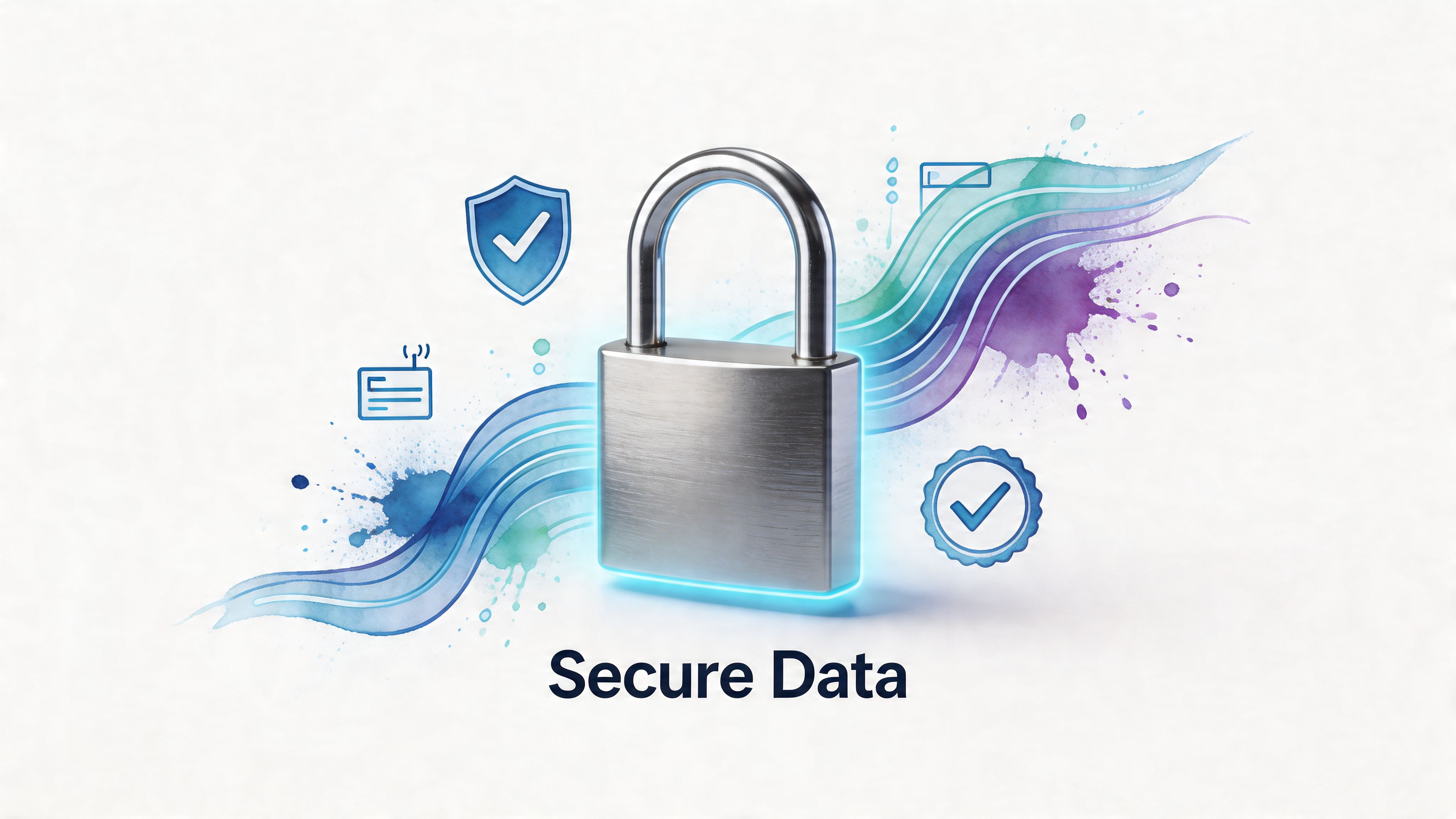 A secure metal padlock surrounded by abstract watercolor waves and digital security icons representing data protection.