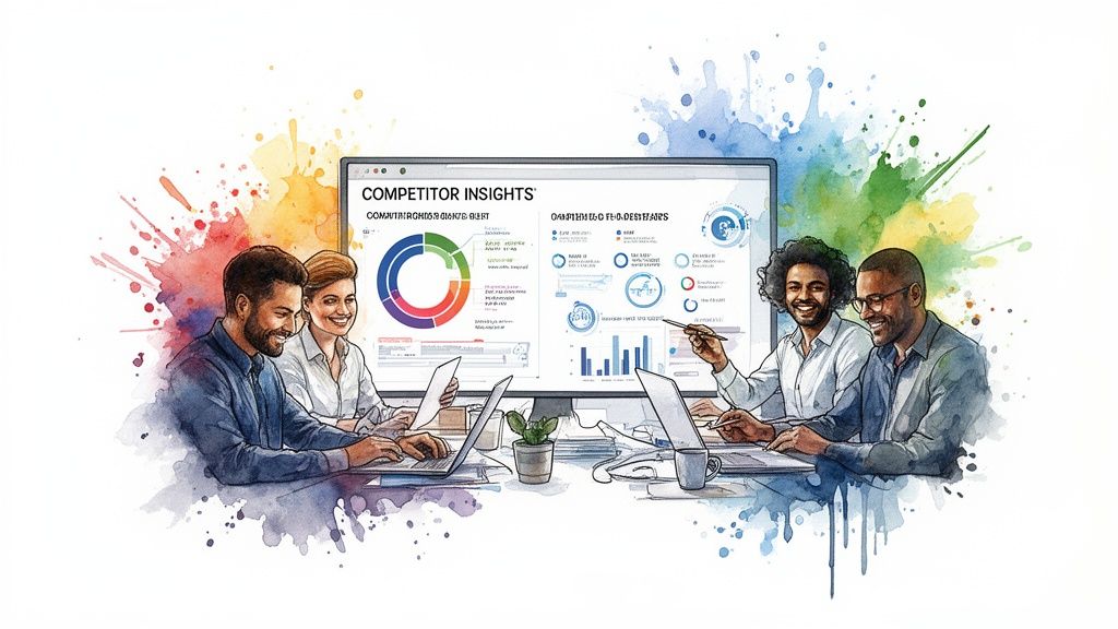 A professional team collaborating on a competitor intelligence platform while viewing charts on a large monitor.