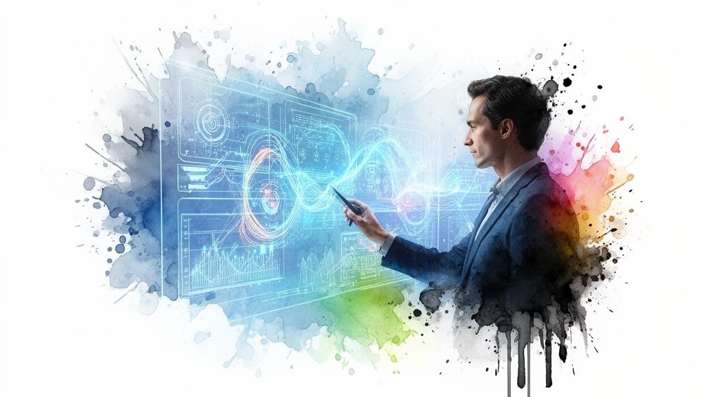 A professional in a suit interacting with a digital holographic data visualization screen against watercolor splashes.