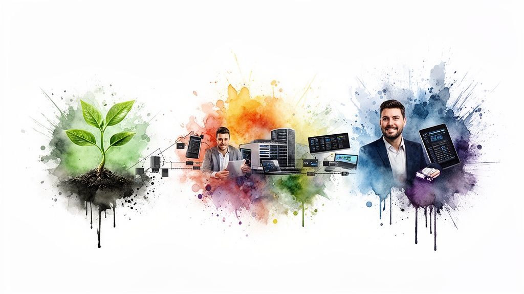 A conceptual illustration blending nature, technology, business management, and digital monitoring systems in a colorful watercolor style.