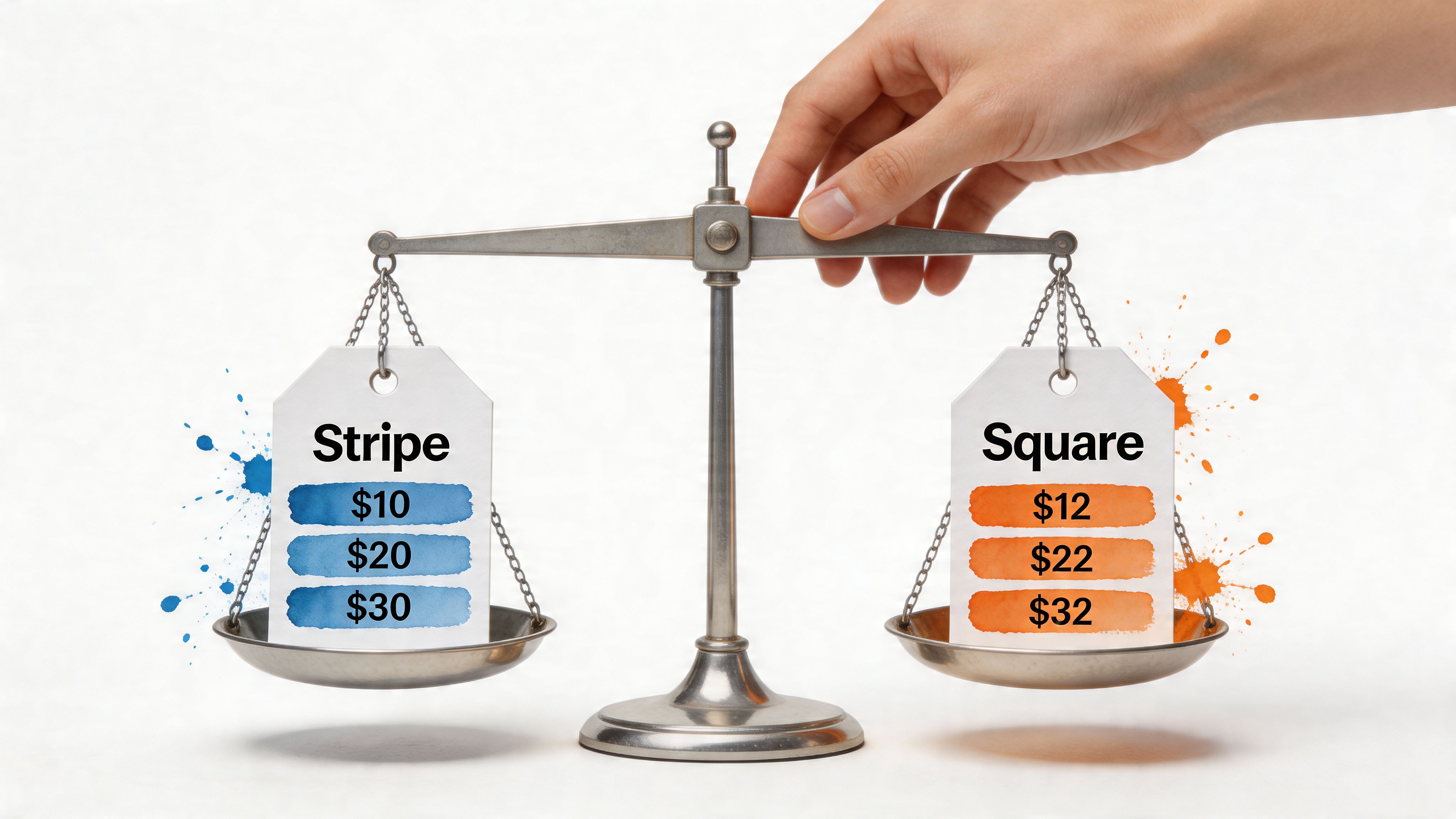 A hand balances a scale featuring comparison tags between Stripe and Square with various price points listed.