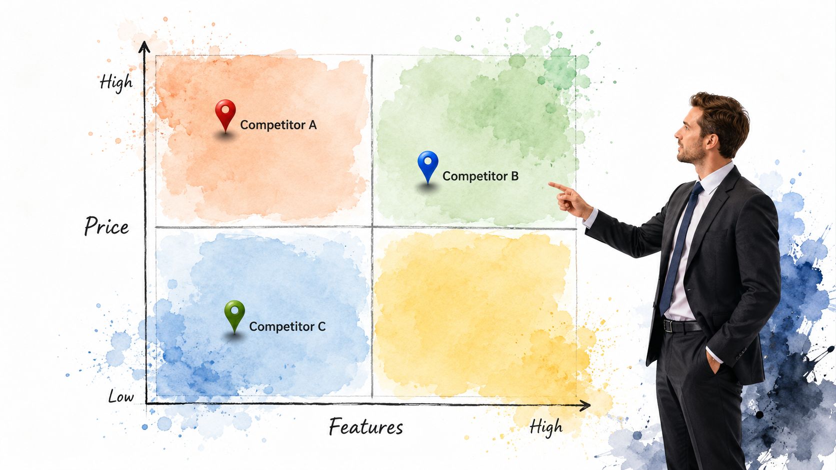 A professional businessman in a suit pointing at a competitive analysis matrix chart on a wall.