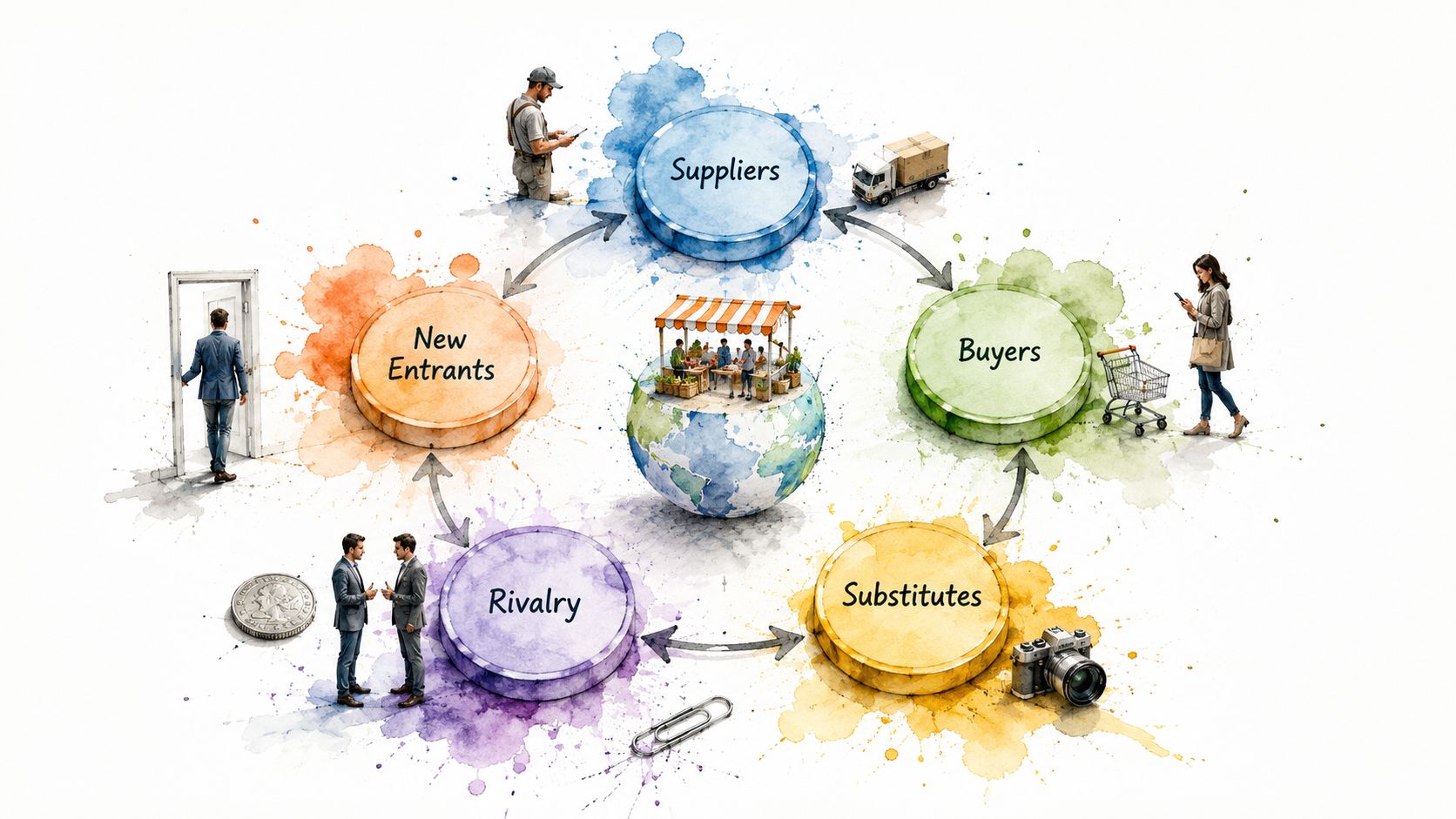 A conceptual illustration of Porter's Five Forces showing suppliers, buyers, rivalry, substitutes, and new entrants.