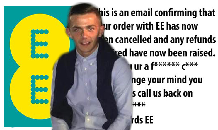 At the end of the call, EE sends an email to the customer with the words "F *** ing c **".