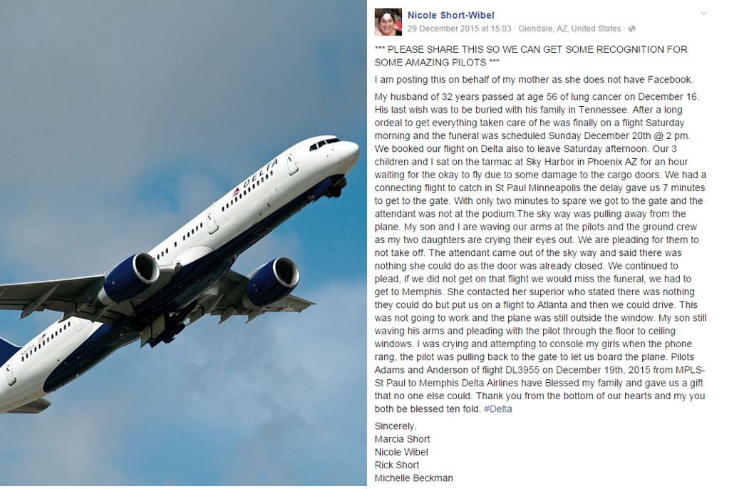 Delta Airlines pilot holds flight so family can make it to