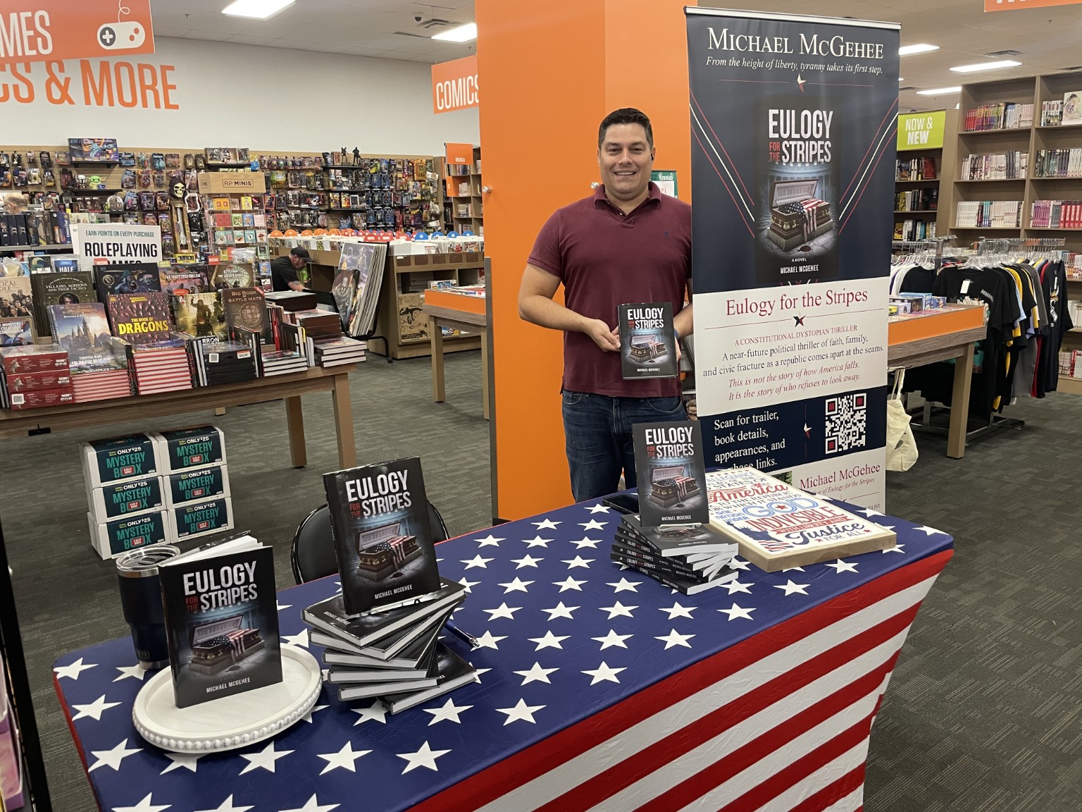 Michael McGehee signing copies of Eulogy for the Stripes at 2nd & Charles in Conroe, Texas