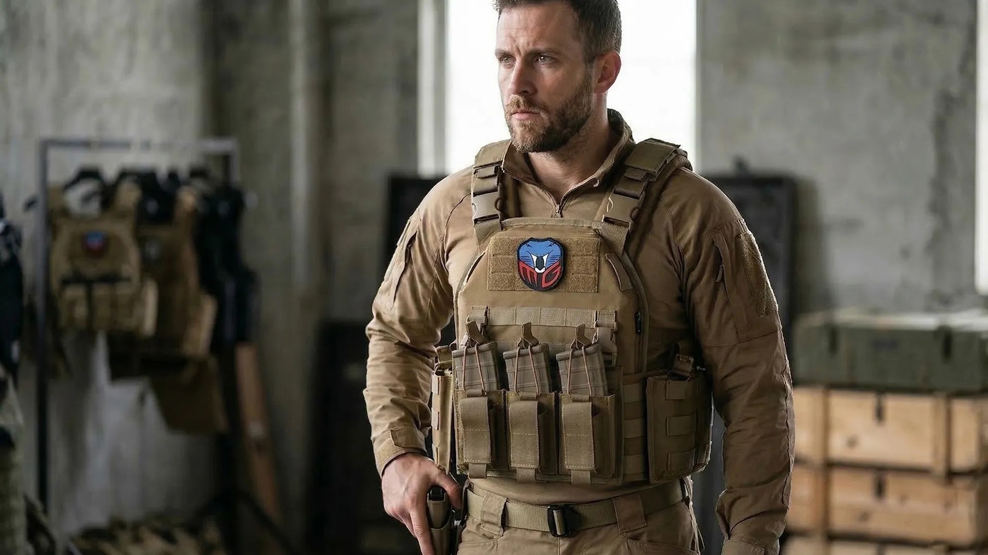 Man wearing tan plate carrier with front pouches in indoor training setting