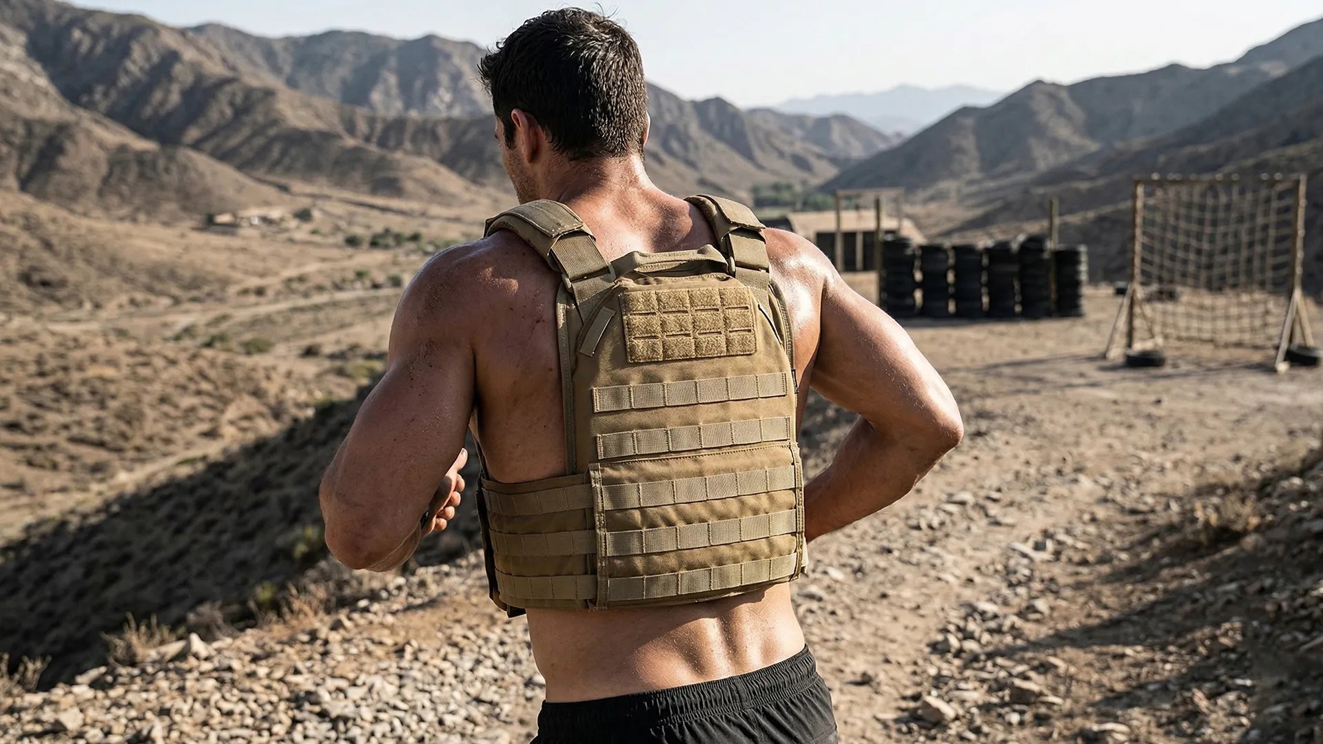 Tan plate carrier back view worn outdoors with rear MOLLE webbing