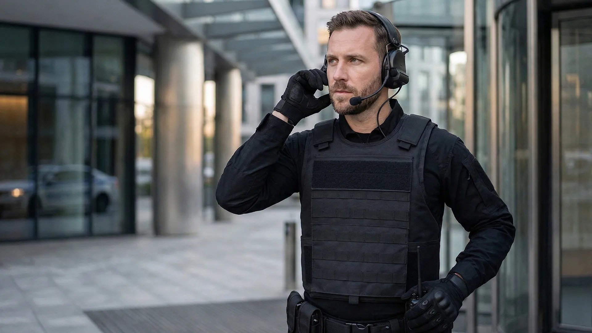 Black tactical vest worn by man with headset in modern outdoor setting