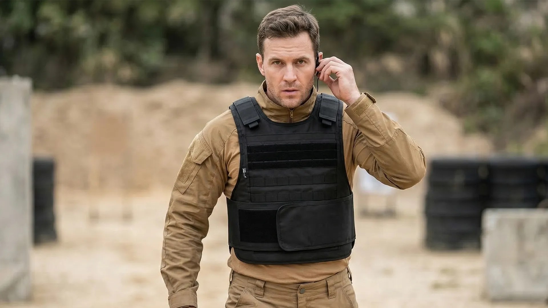 Man wearing black tactical vest in outdoor training setting