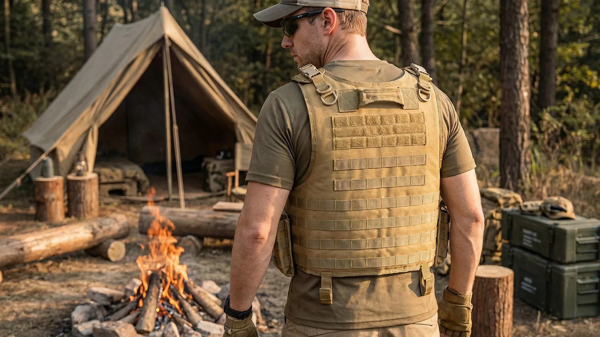 Tan tactical vest back view with MOLLE webbing at campsite