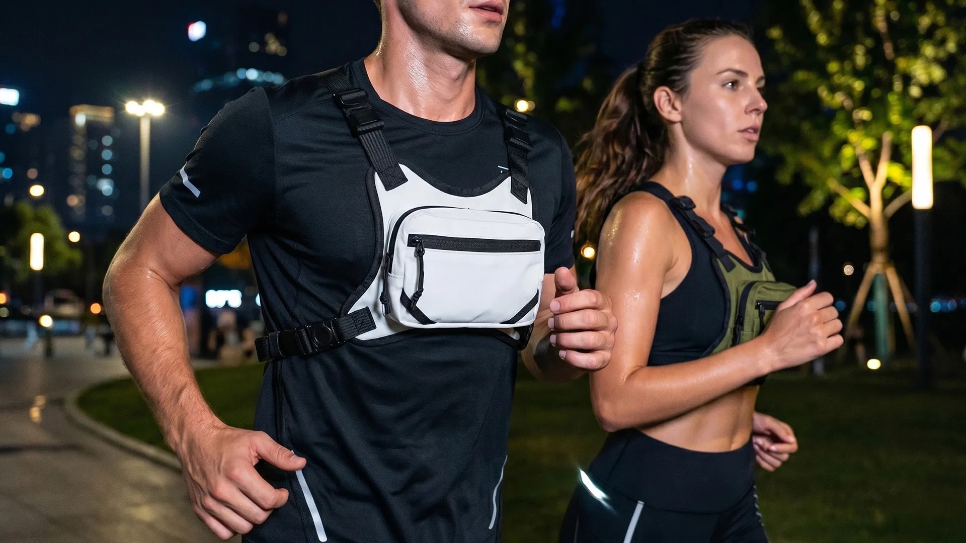 Runners wearing lightweight chest bags during night workout