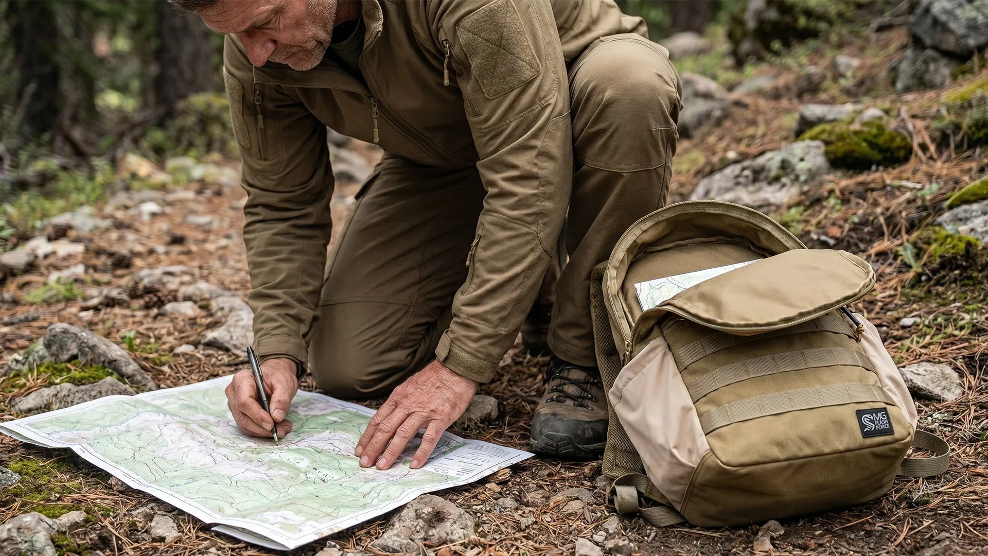 Man using a tan small tactical backpack while reading a map on a forest trail