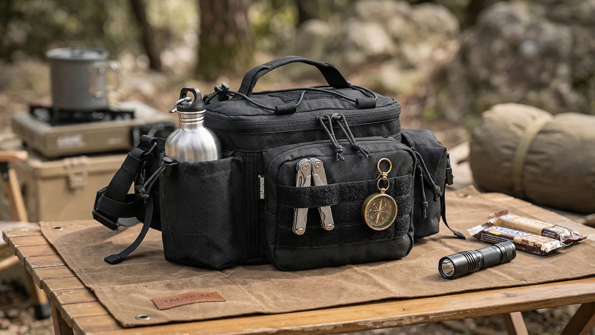 Black tactical waist bag on camping table with outdoor gear accessories