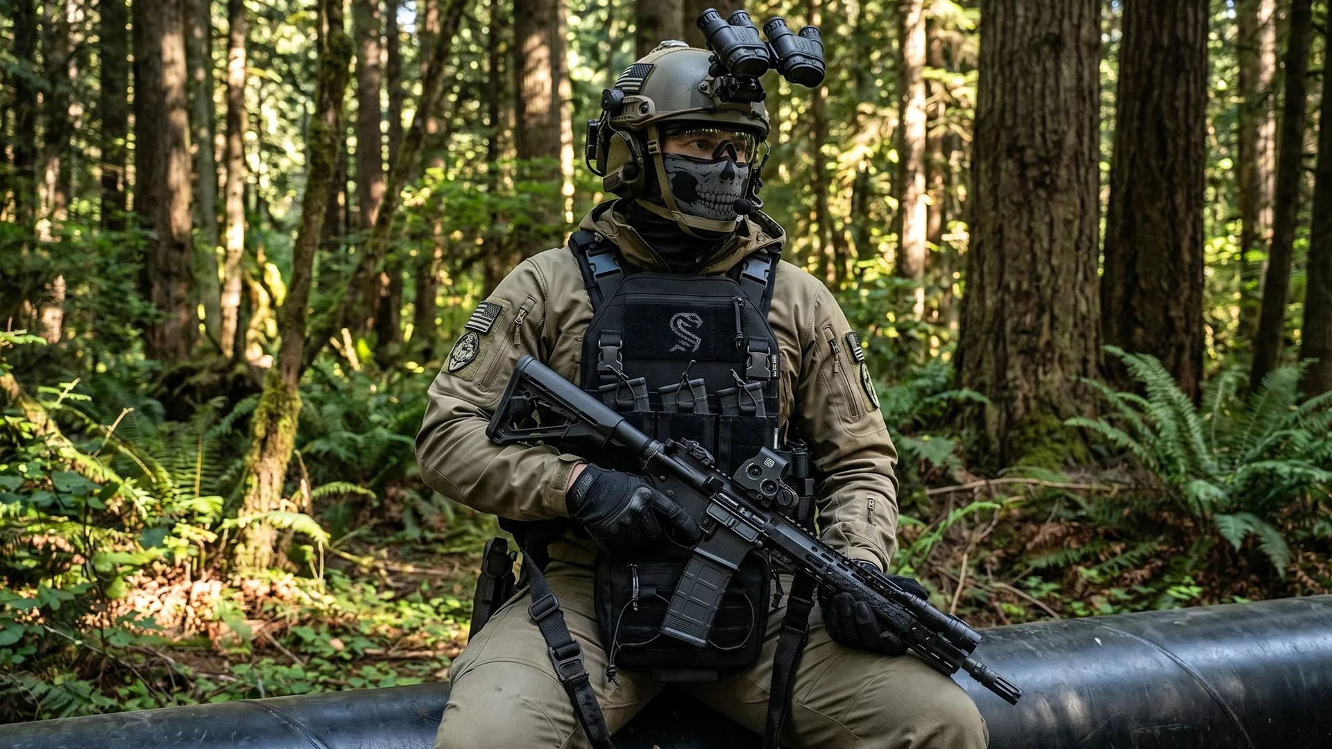 Black tactical vest worn outdoors with front pouch setup and shoulder straps