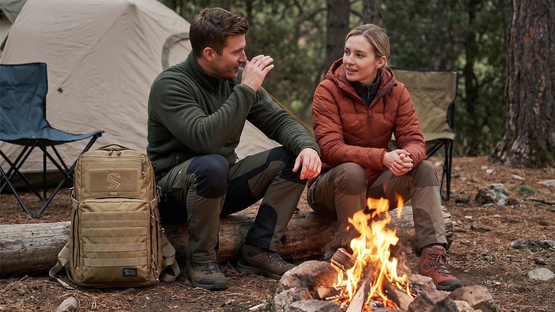 Couple sitting by a campfire with a tan molle tactical backpack at a campsite