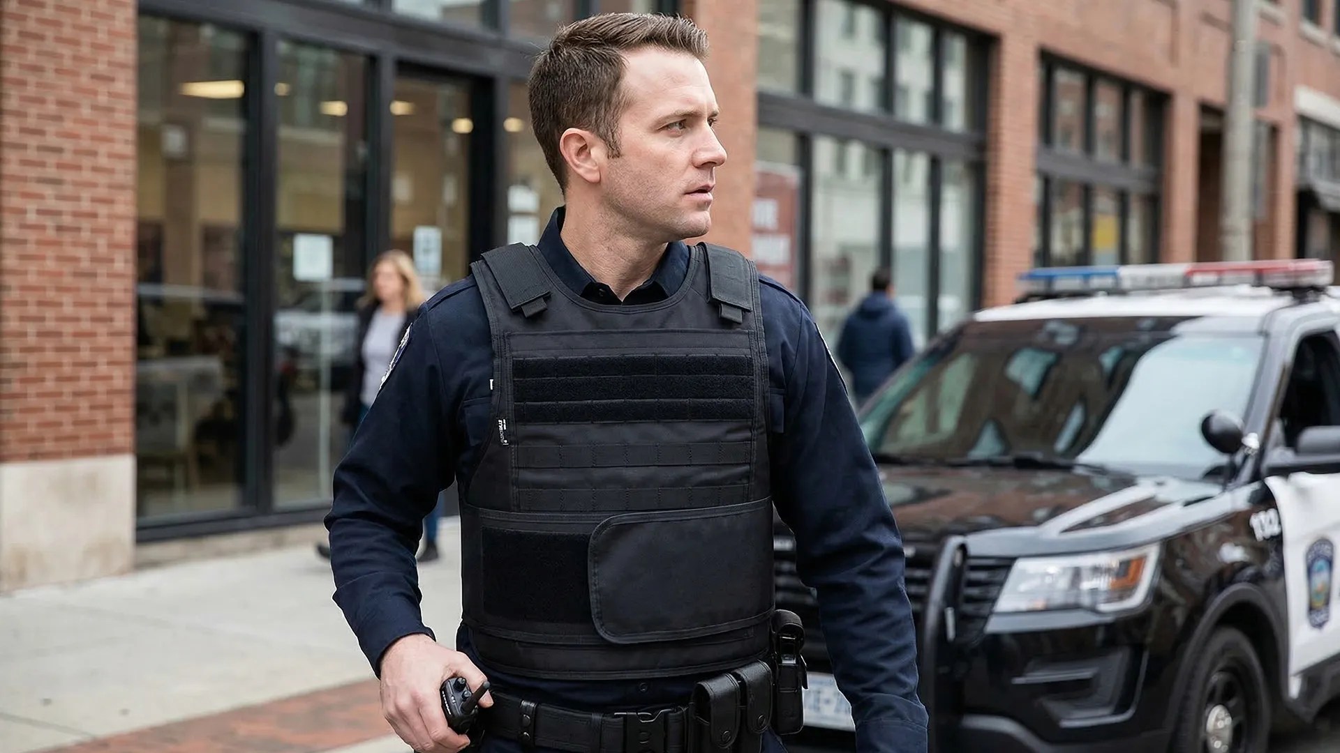 Black tactical vest worn in urban security-style setting