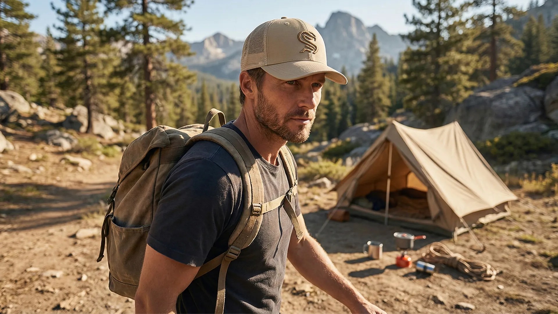 Man wearing khaki embroidered baseball cap at outdoor campsite