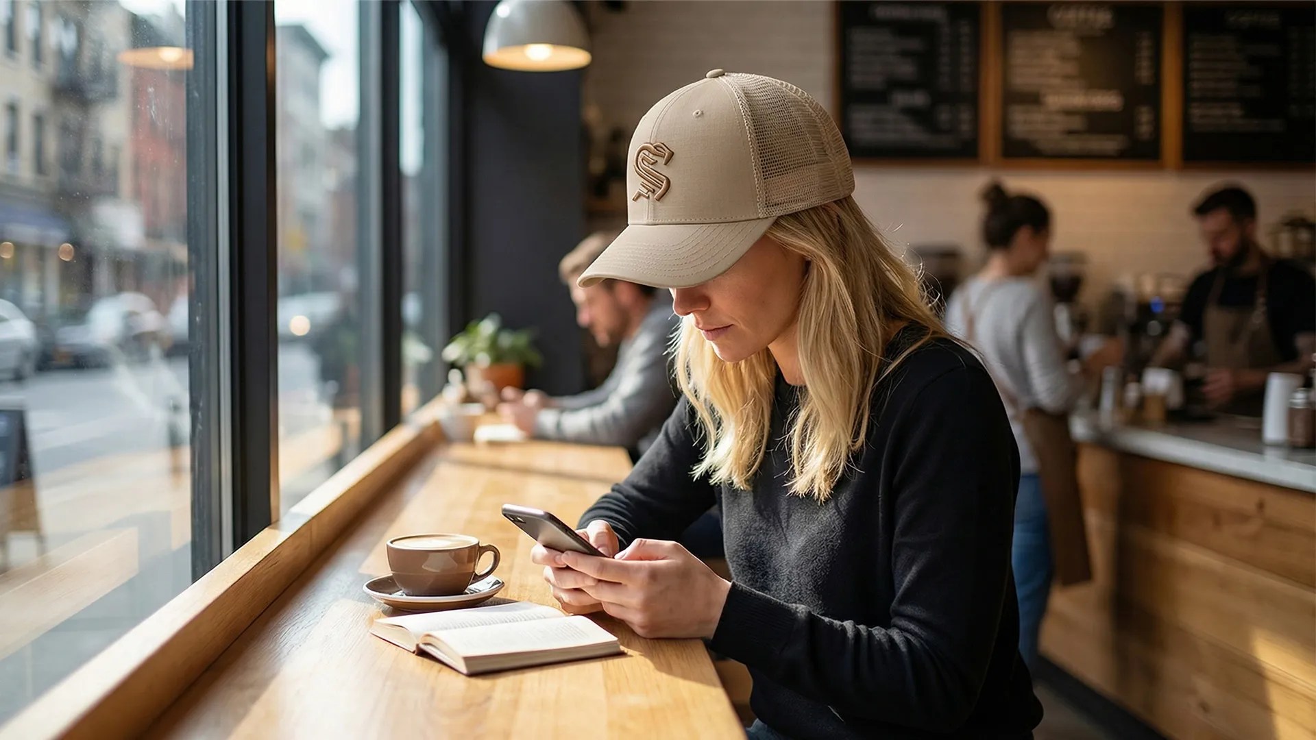 Woman wearing khaki embroidered baseball cap in cafe