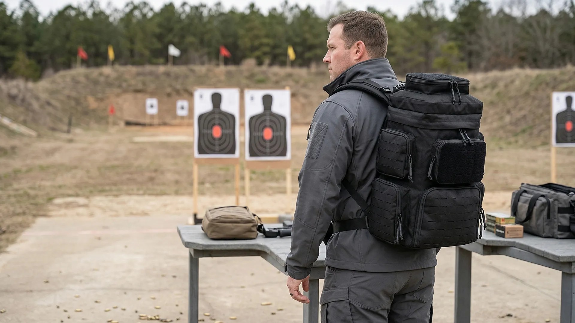 Man carrying a black pistol range backpack at an outdoor shooting range