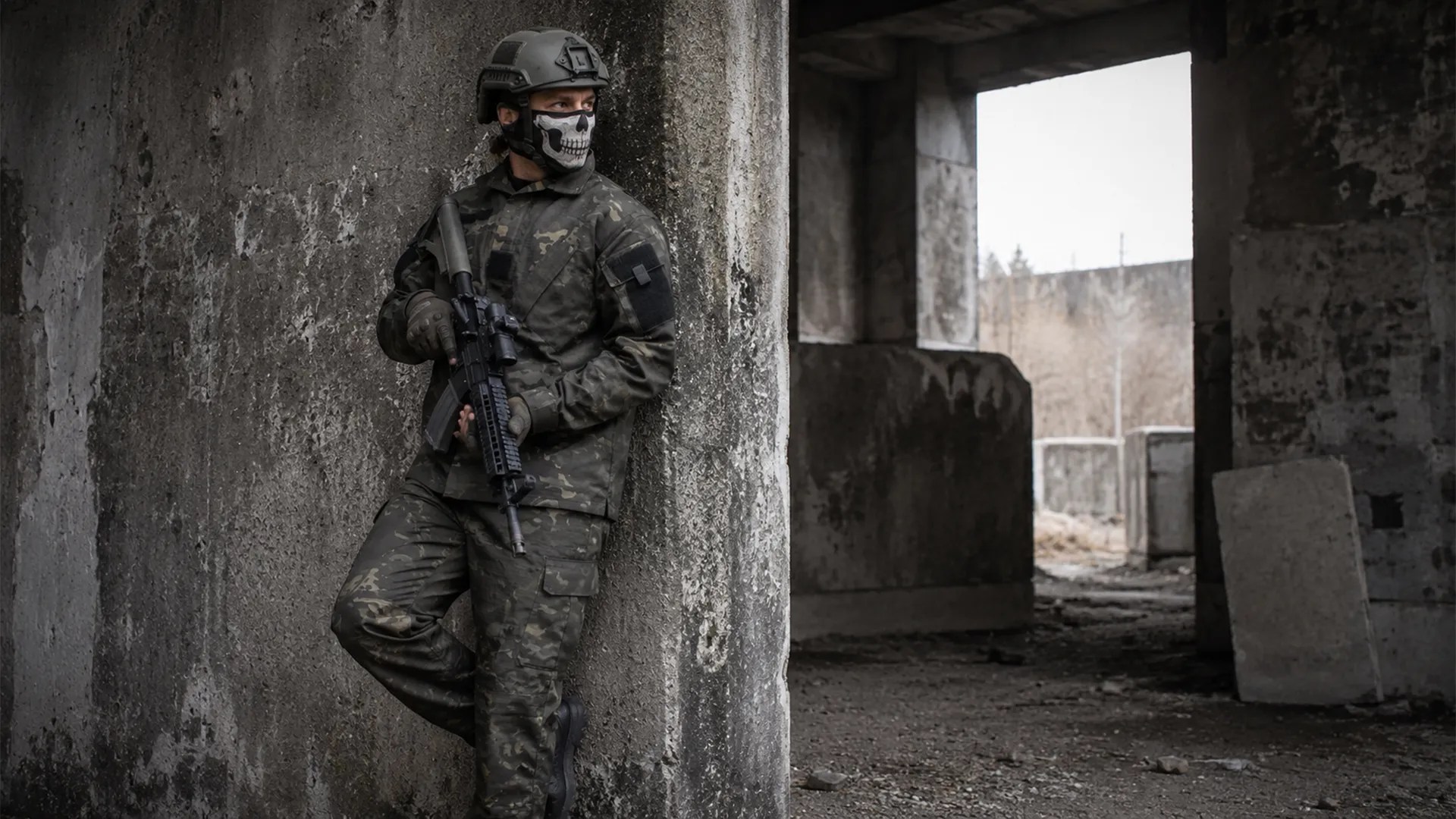 Camouflage uniform worn in tactical training environment with full-body coverage