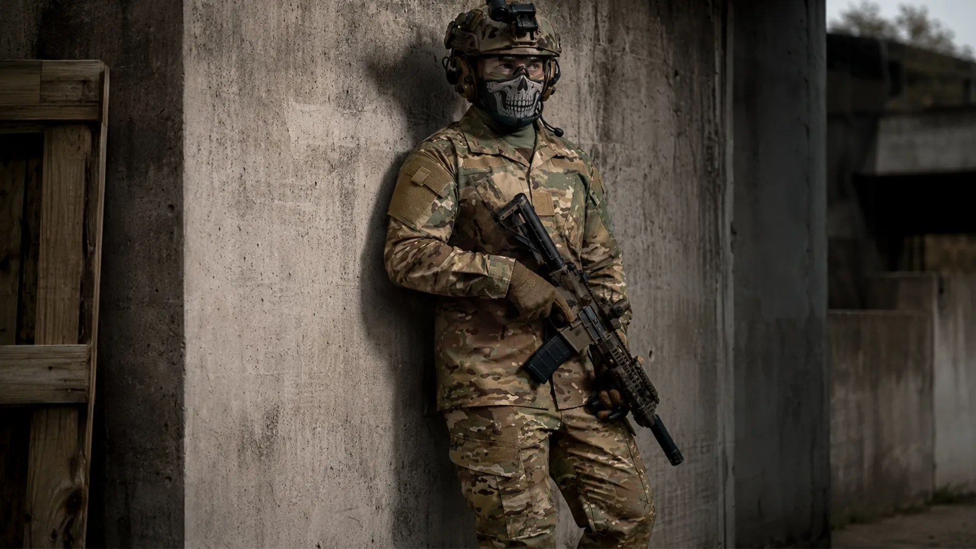 Model wearing camouflage uniform in outdoor tactical training environment
