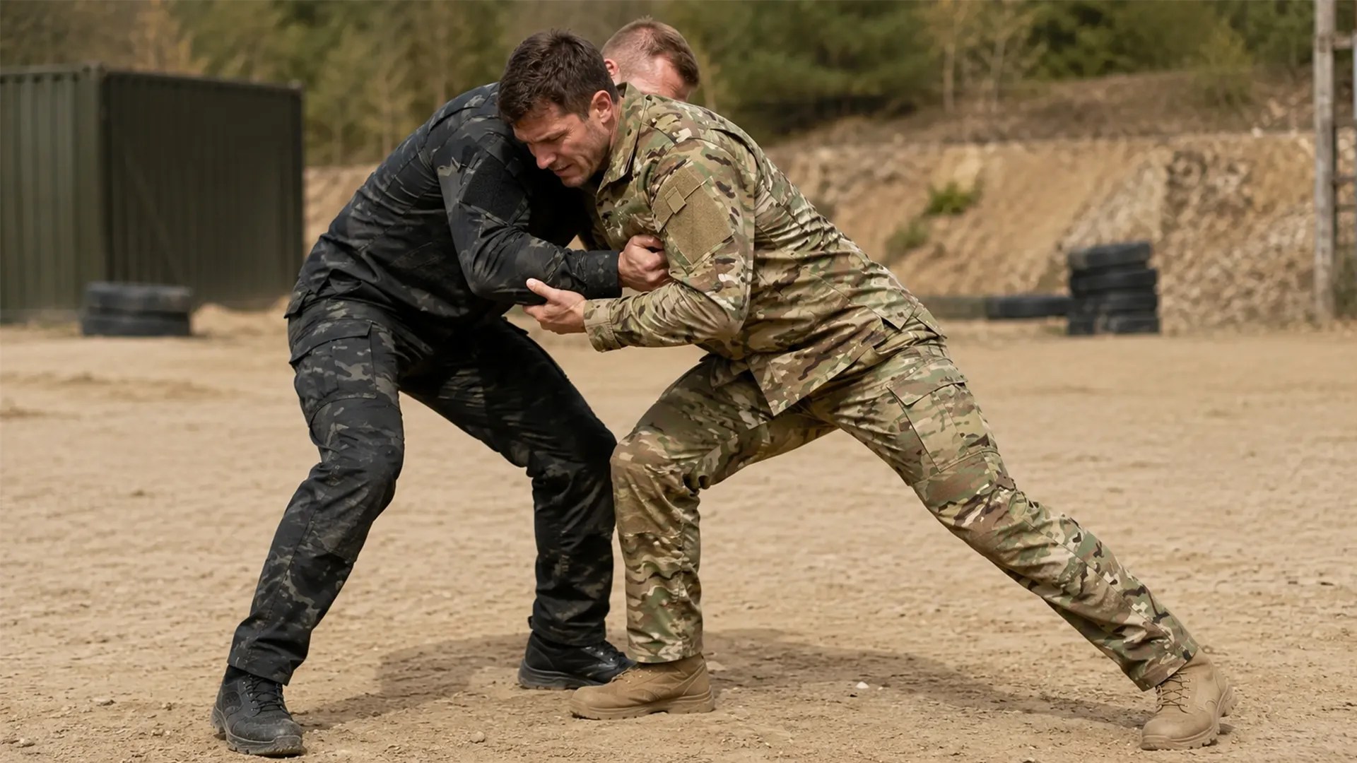 Two models wearing camouflage uniforms during outdoor training practice
