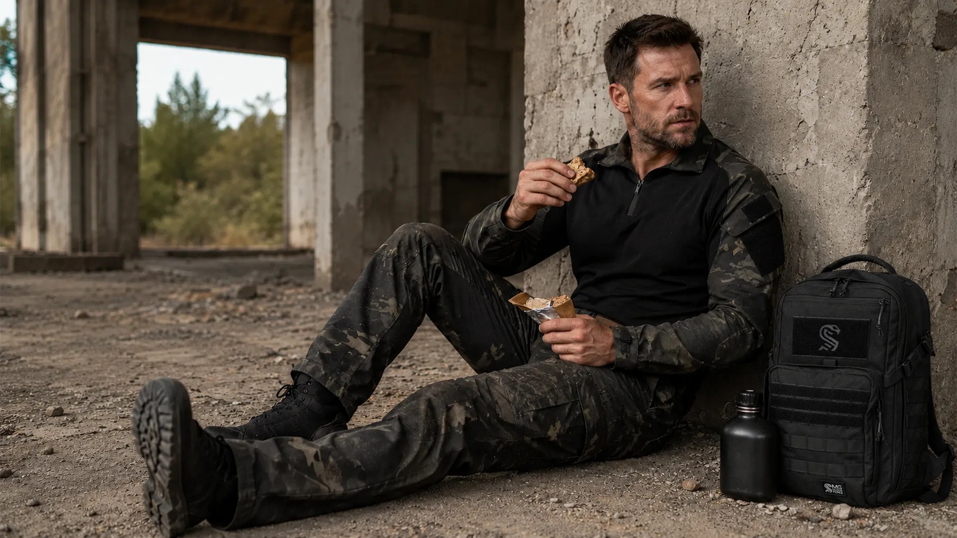 Model wearing tactical suit while resting beside black backpack outdoors