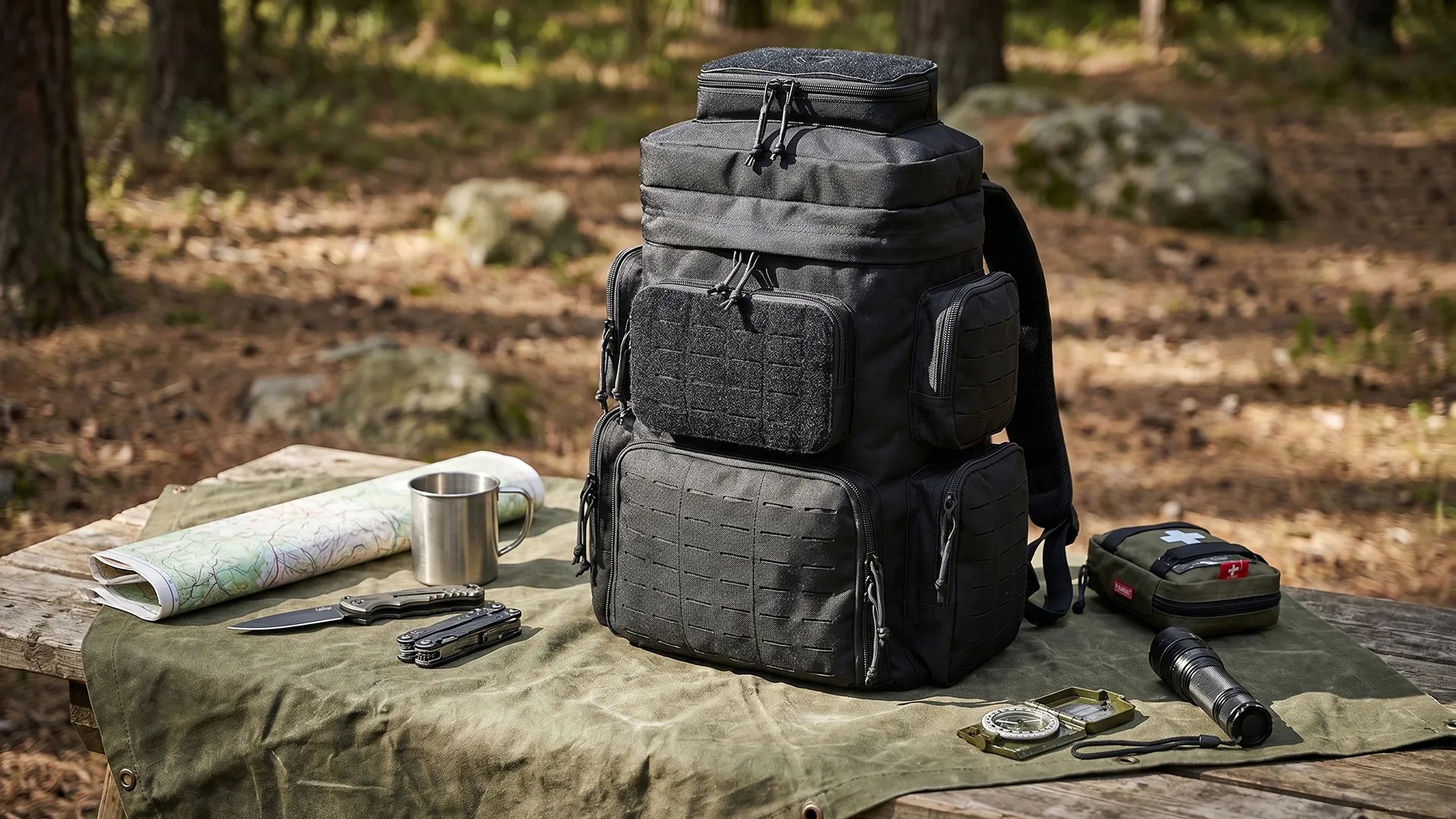 Black pistol range backpack on outdoor table with camping and shooting accessories