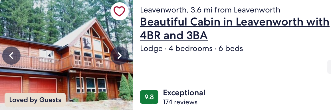 Screenshot of a VRBO cabin in Leavenworth. 