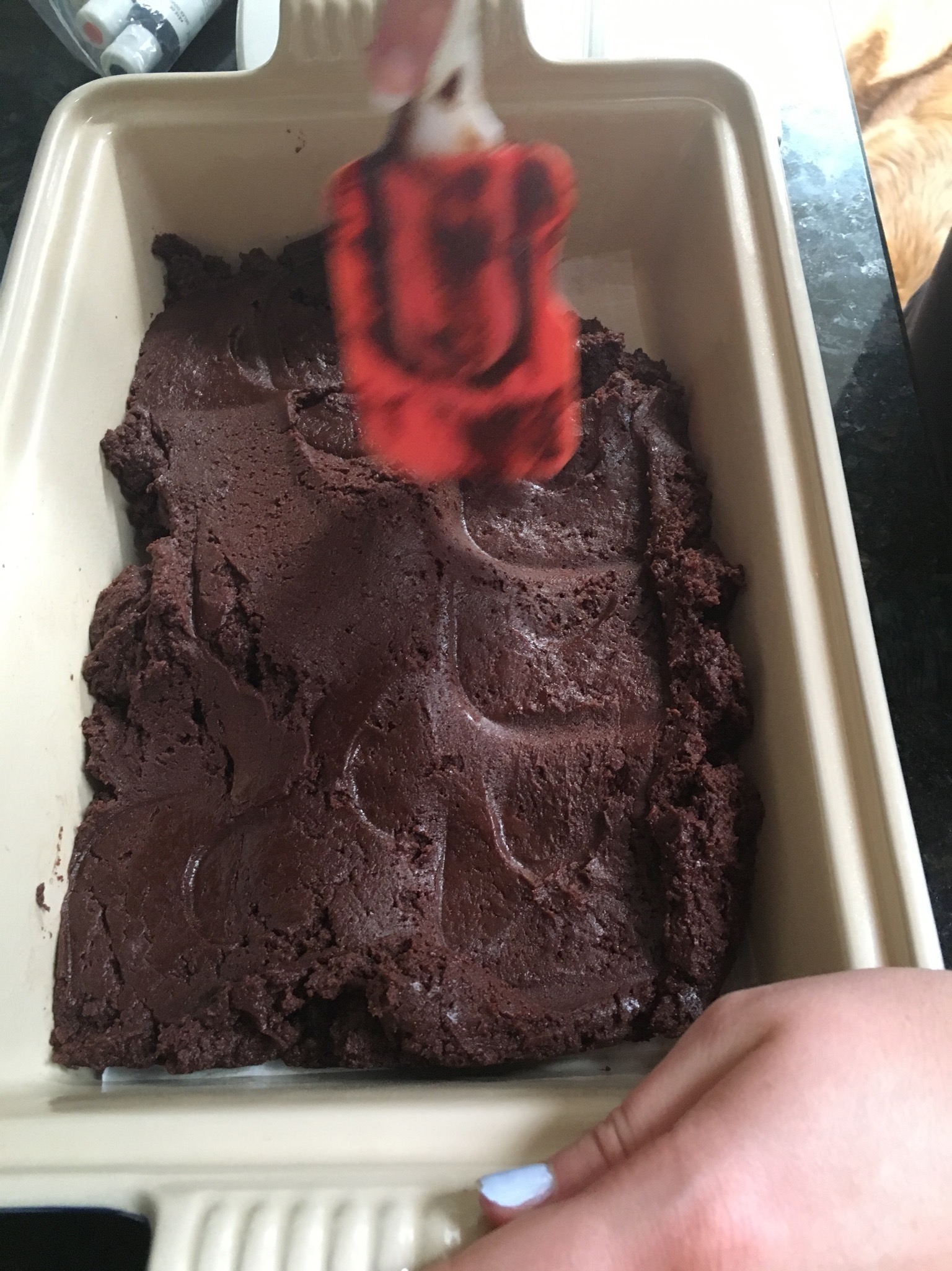 Spread the thick batter into your cake pan!