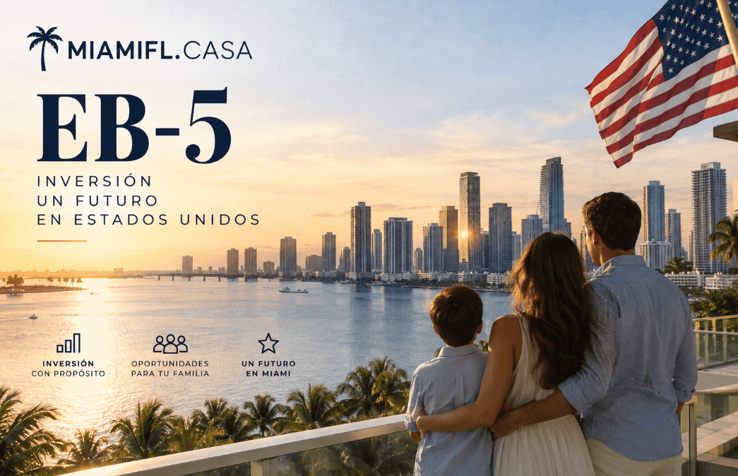 Visa EB-5 en Estados Unidos: residencia permanente por inversión para familias extranjeras. Ilustración del skyline de Miami y la bandera estadounidense