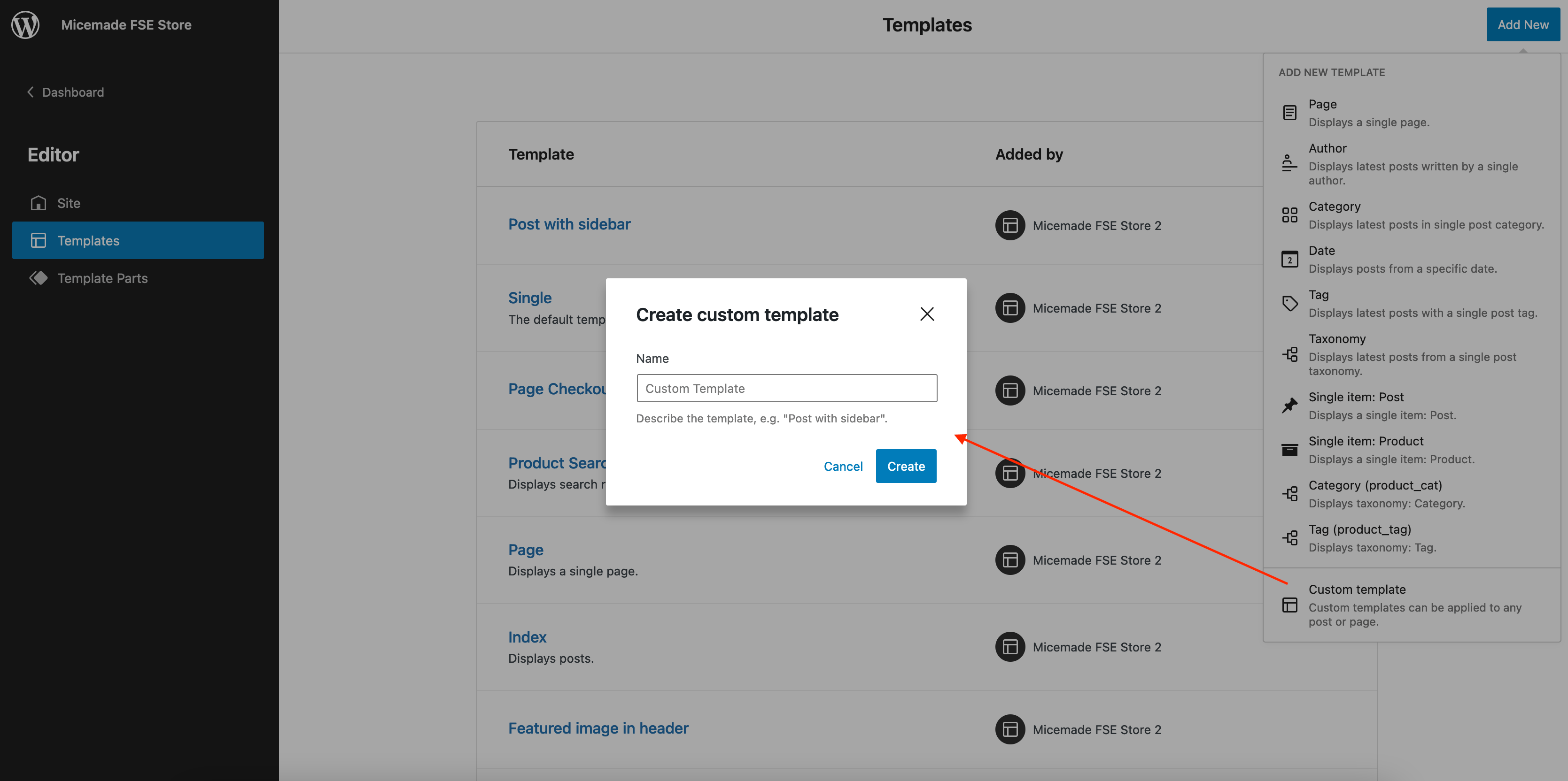 Gutenberg add new custom template