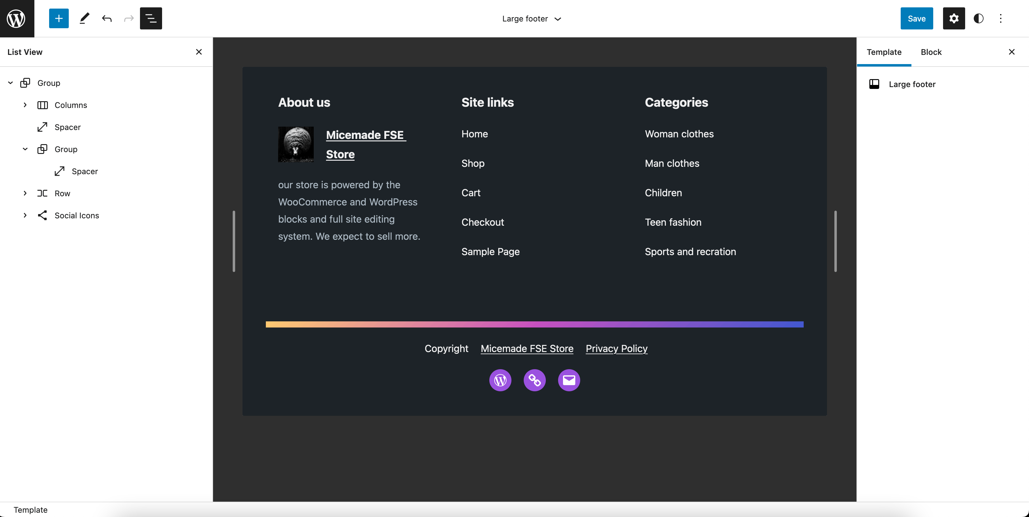 Template part editor - new footer-large.html