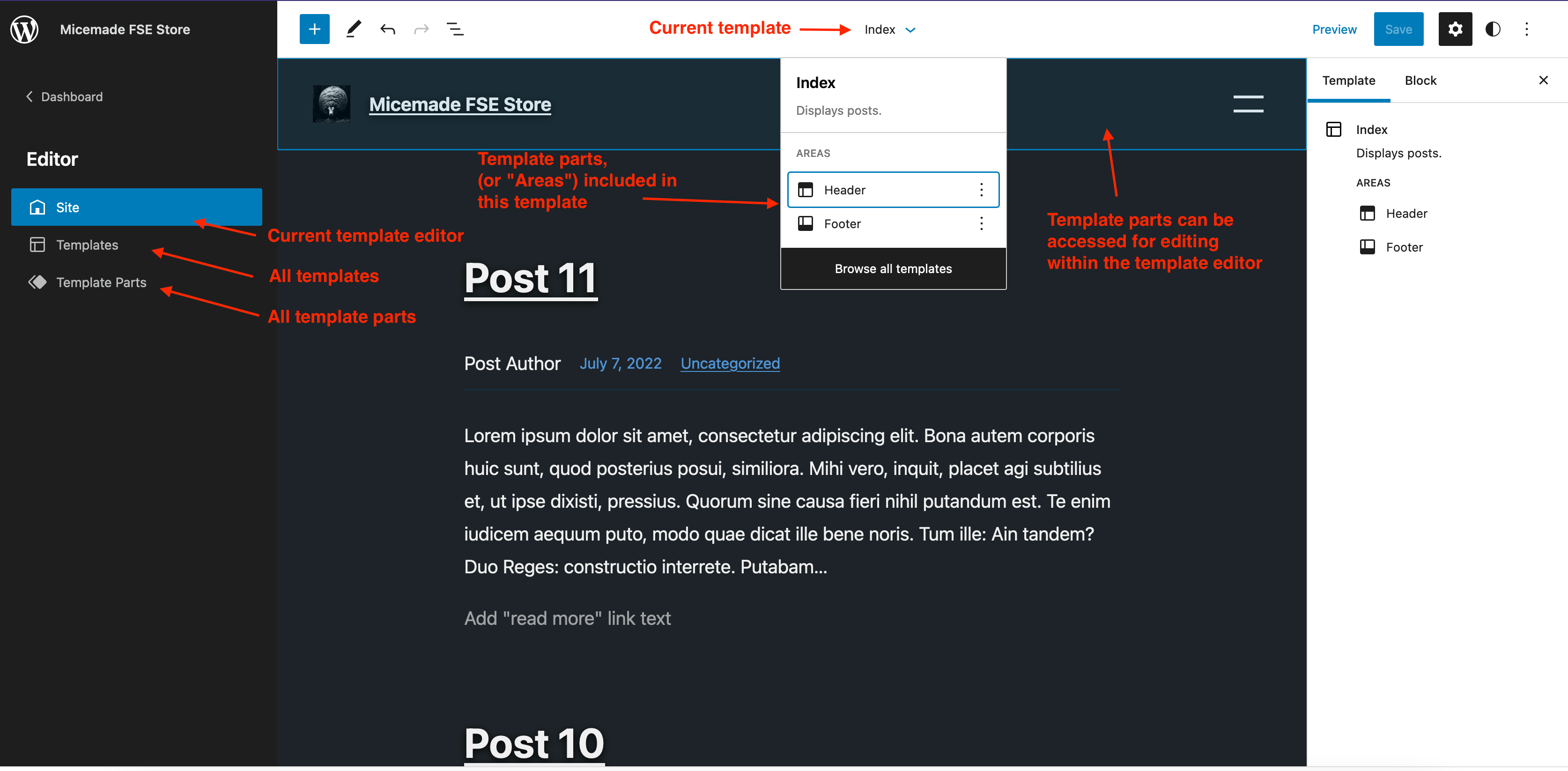 Template editor with section explanations