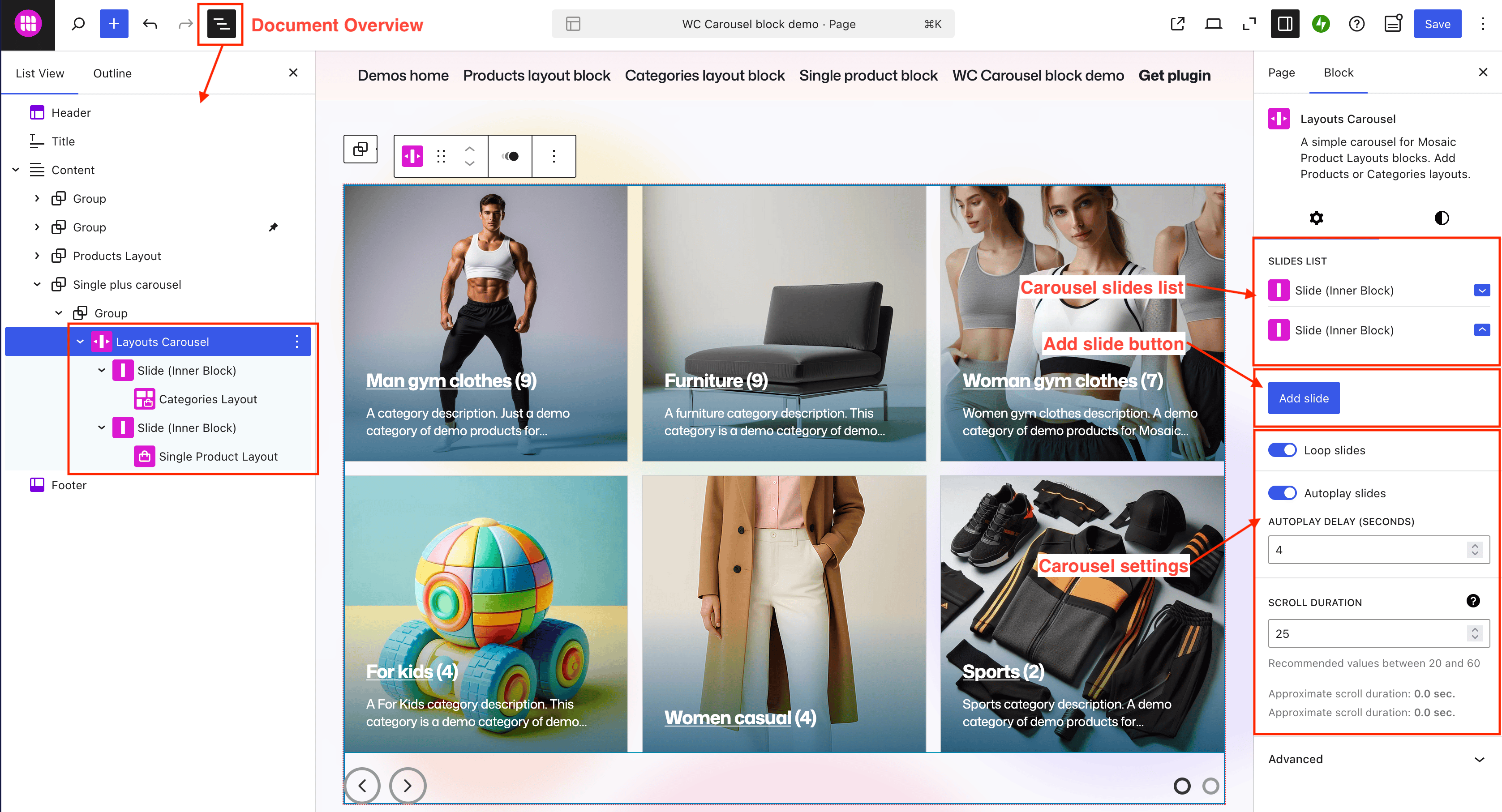 Layouts Carousel block with options for adding slides and managing categories and products, alongside a document overview sidebar.